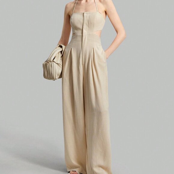 Khaki Sexy Women's Backless Strap Halter Jumpsuit - Picture 1 of 8